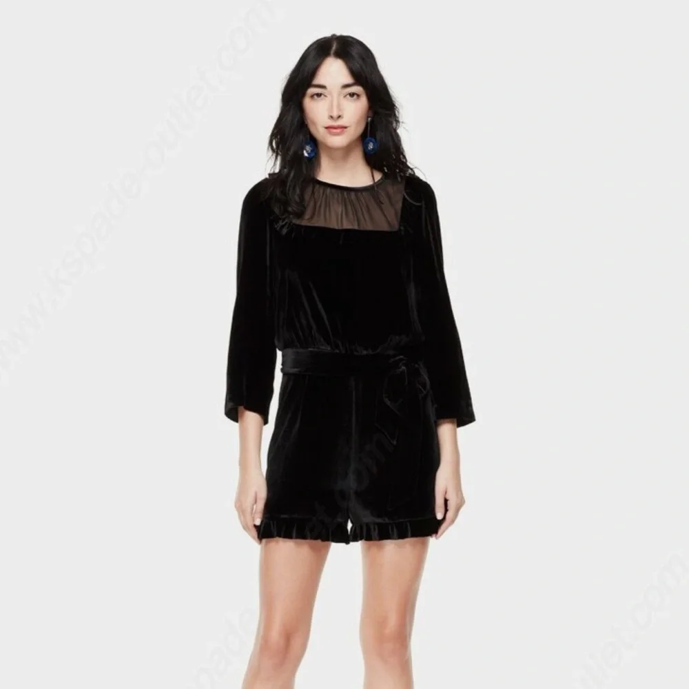 Kate Spade New York Black Sheer Panel Ruffle Trim Velvet Romper (missing belt)
